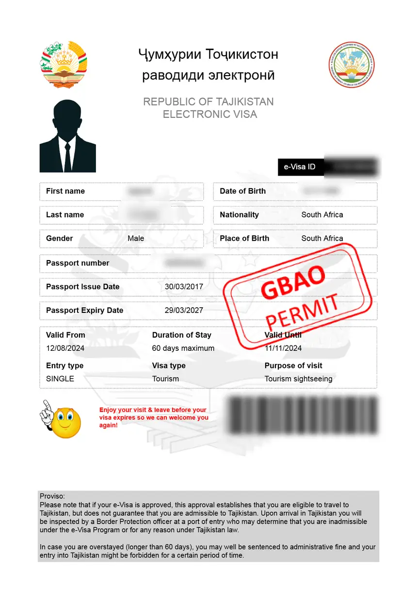 Sample Tajikistan e-Visa with GBAO permit